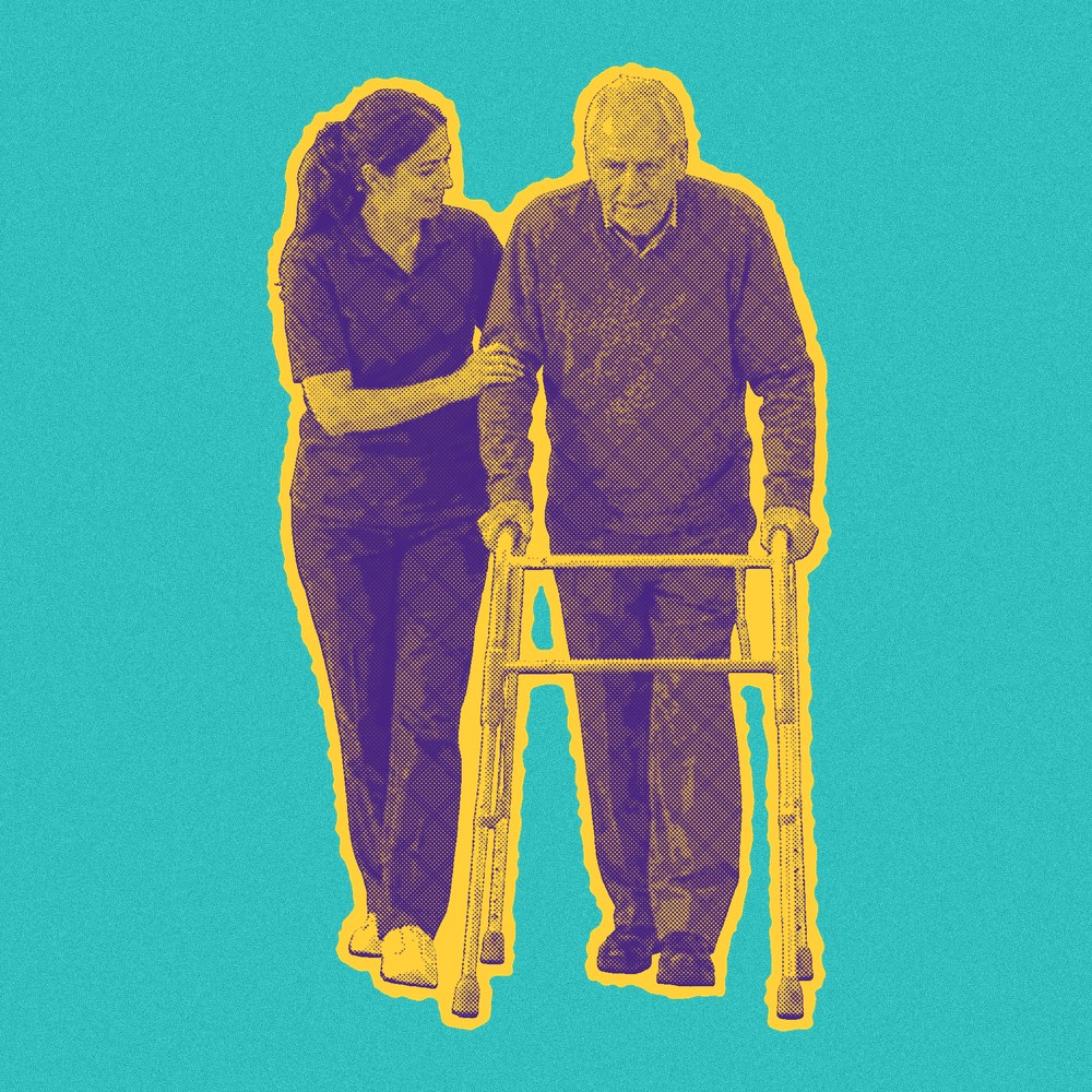 Newsprint cut-out of a support worker helping an older man with a walking frame.