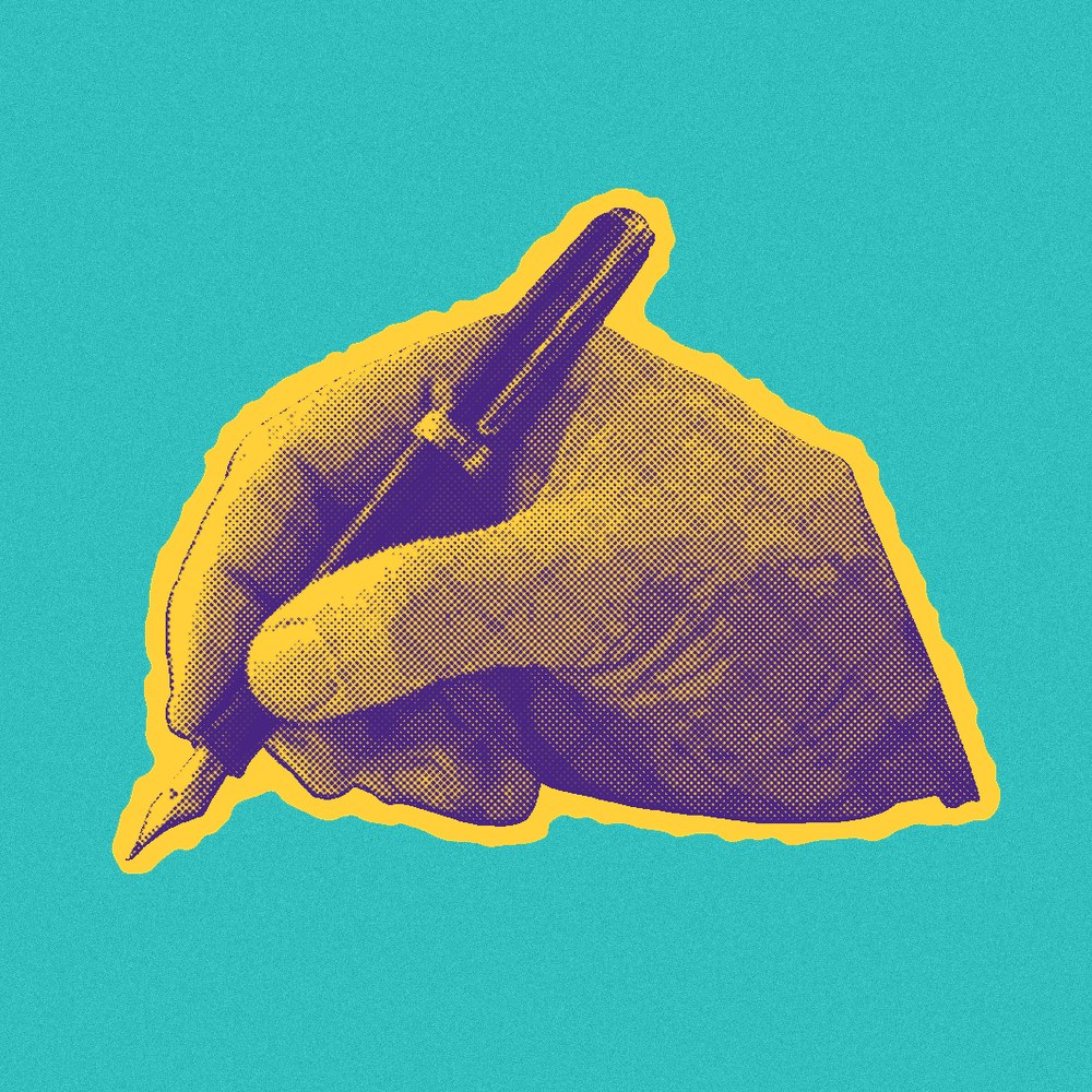 Newsprint cut-out of a hand signing a contract with a fountain pen.