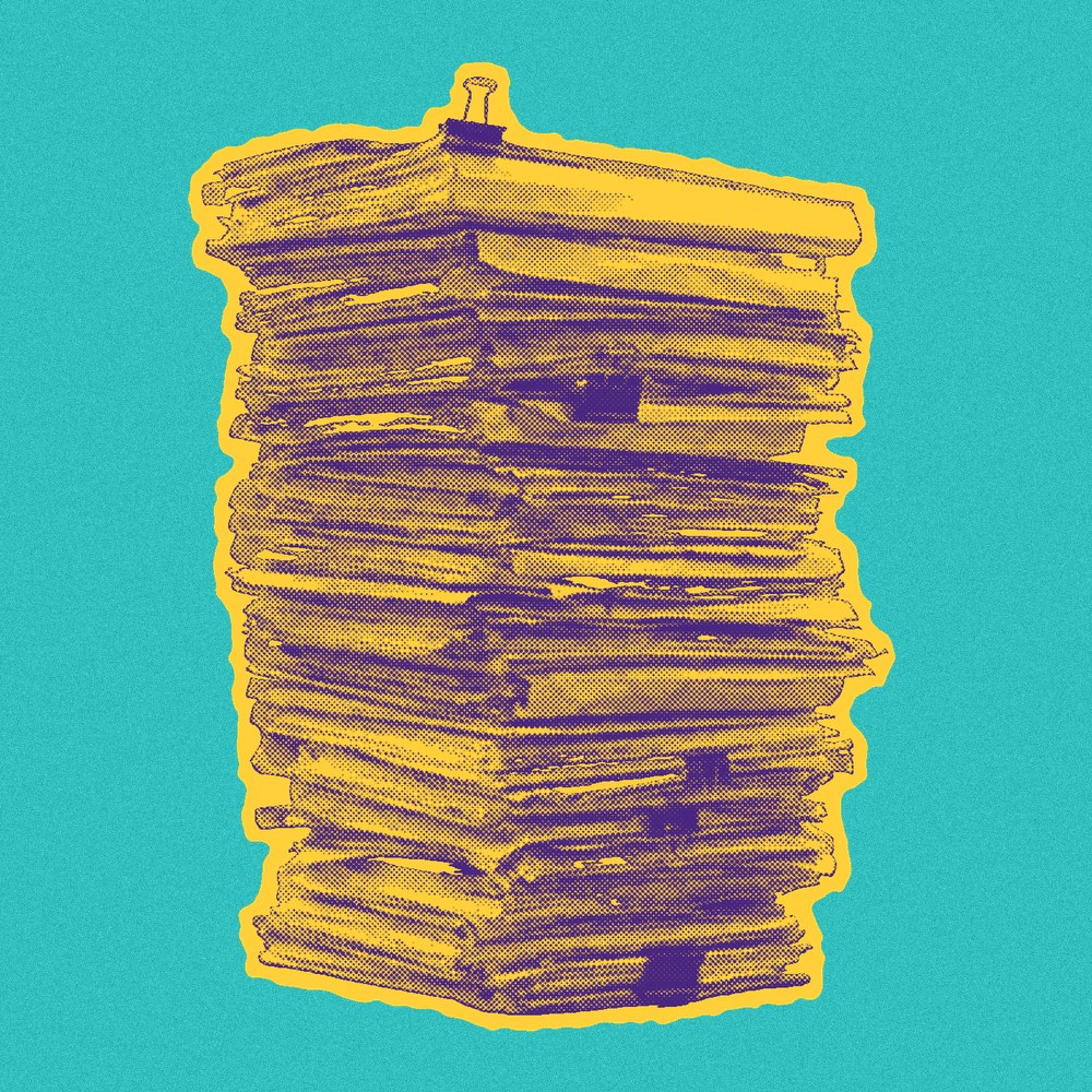 Newsprint cut-out of a stack of records.